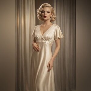 Sensara Vintage Style Hollywood Glam Vixen Night Gown Sleepwear Large Ivory Lace